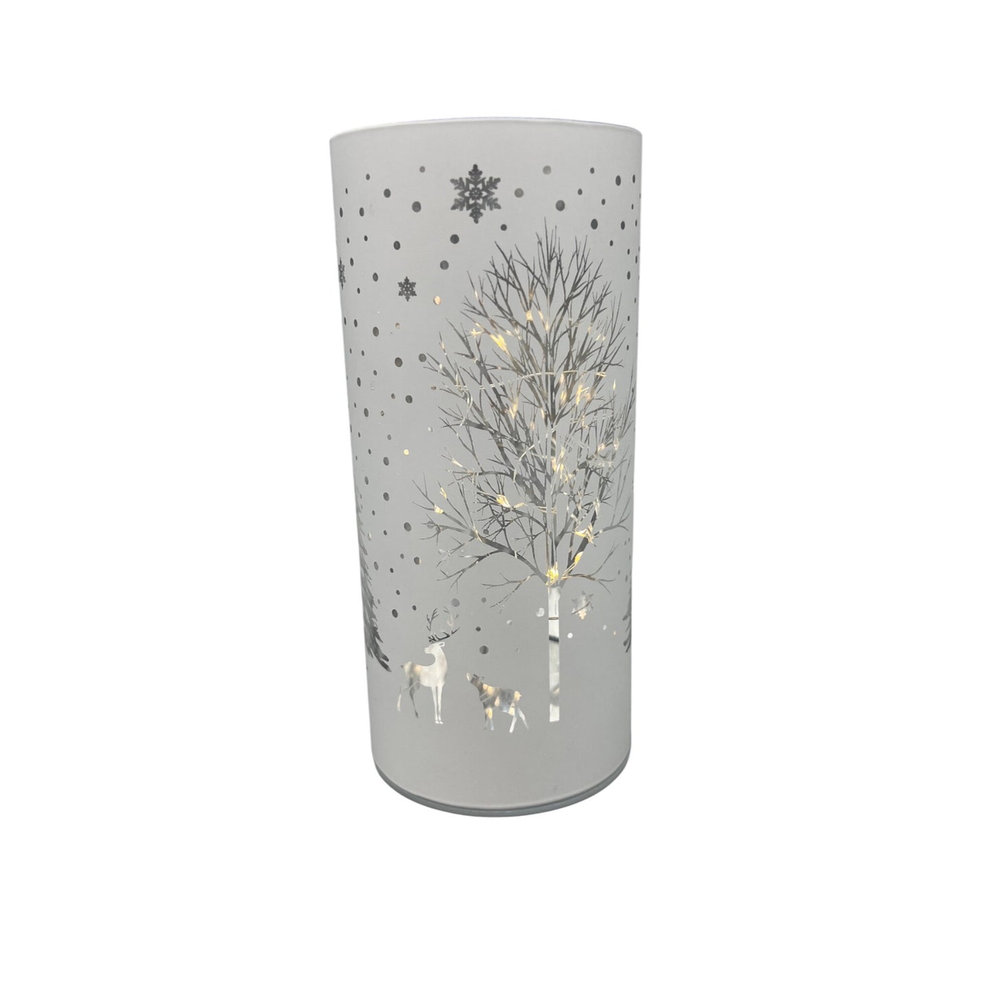 White Laser Engraved Winter Scene LED Lamp With Reindeer & Snowflakes 6”