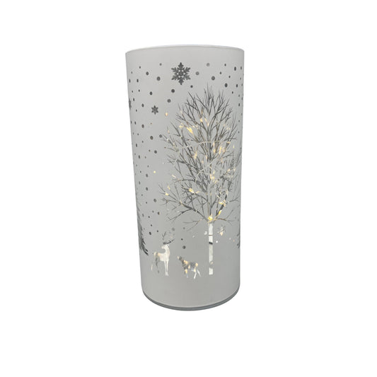 White Laser Engraved Winter Scene LED Lamp With Reindeer & Snowflakes 6”