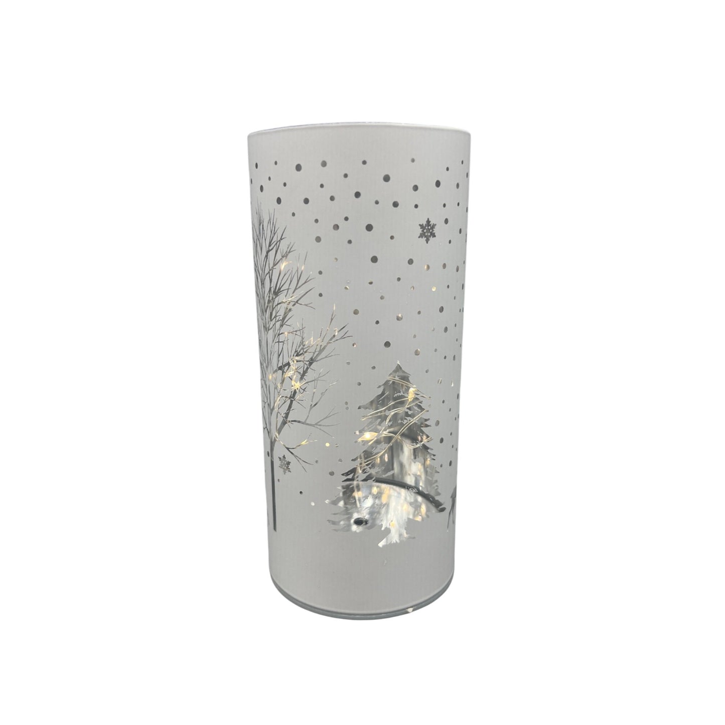 White Laser Engraved Winter Scene LED Lamp With Reindeer & Snowflakes 6”