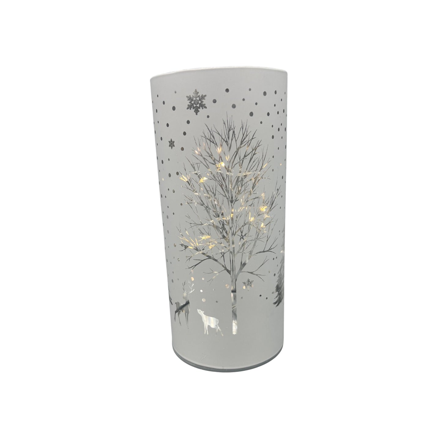 White Laser Engraved Winter Scene LED Lamp With Reindeer & Snowflakes 6”