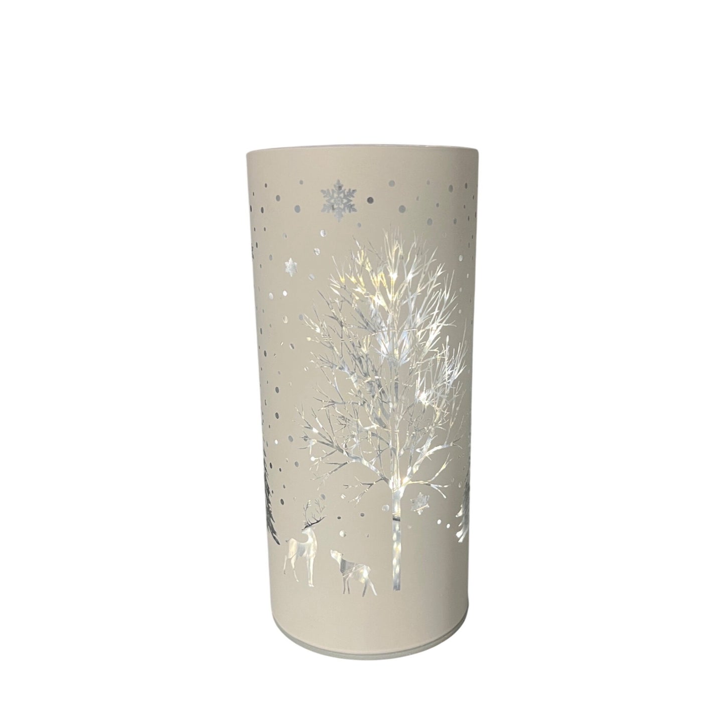 White Laser Engraved Winter Scene LED Lamp With Reindeer & Snowflakes 6”