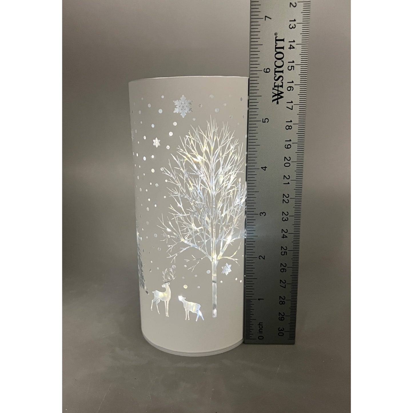 White Laser Engraved Winter Scene LED Lamp With Reindeer & Snowflakes 6”