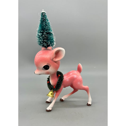 Vintage-Inspired Pink Festive Fawn With Bottle Brush Tree & Bell 8.5"  Hand Decorated