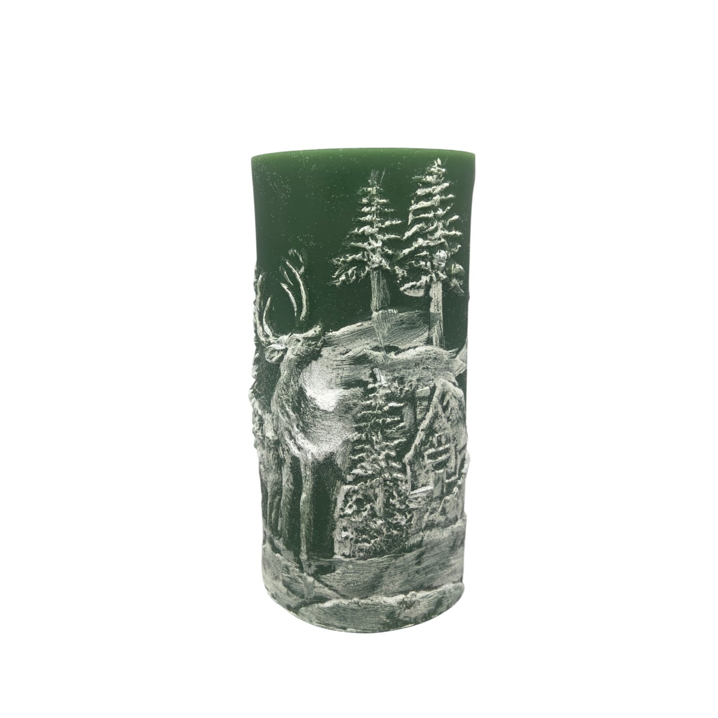 Green 8" Carved Deer & House Scene Fountain Candle