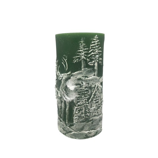 Green 8" Carved Deer & House Scene Fountain Candle