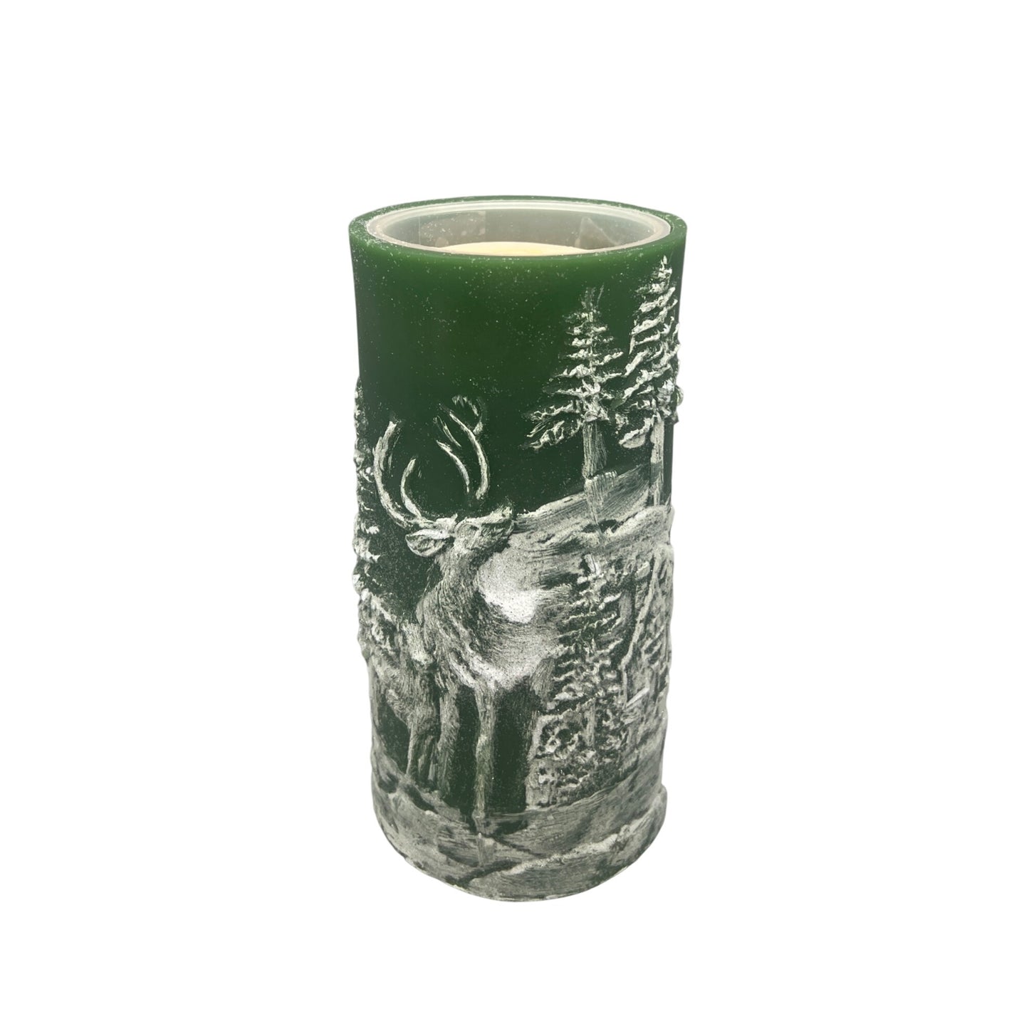 Green 8" Carved Deer & House Scene Fountain Candle