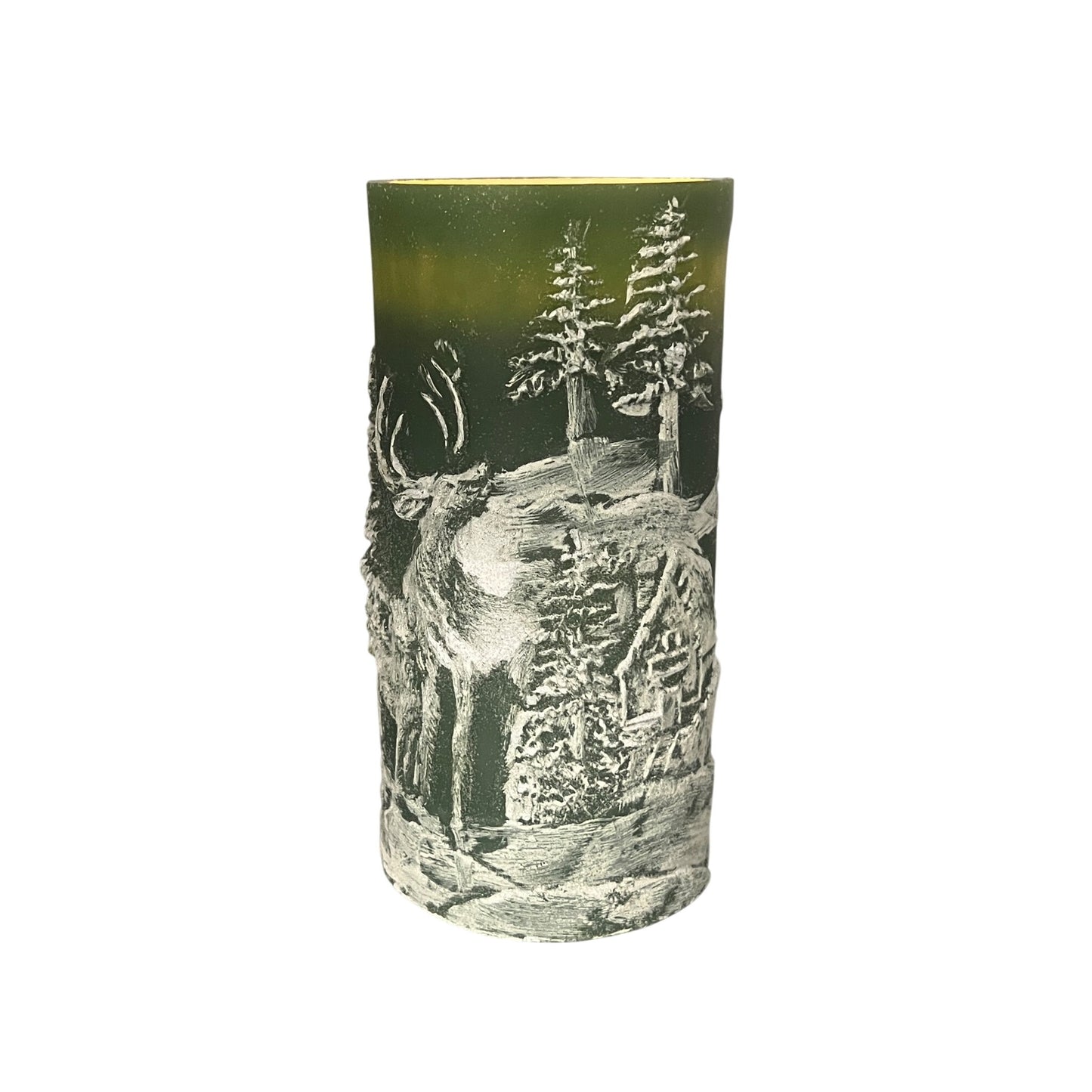 Green 8" Carved Deer & House Scene Fountain Candle