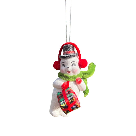 Retro Snowman Christmas Ornament With Green Scarf Red Earmuffs & Plaid Gift Glitter Finish Hanging Holiday Decor 3 Inches