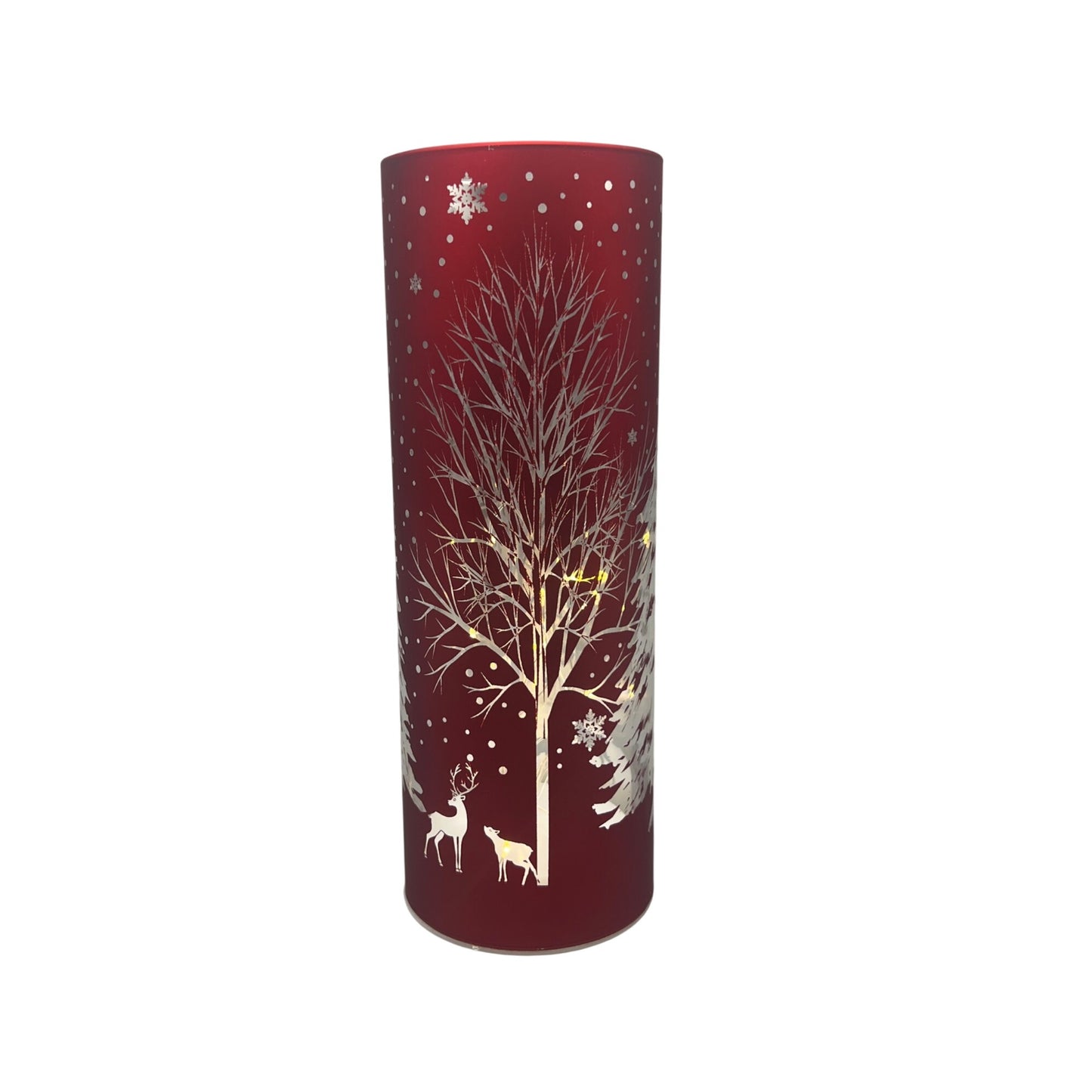 Red Laser Engraved Winter Scene LED Cylinder Decor