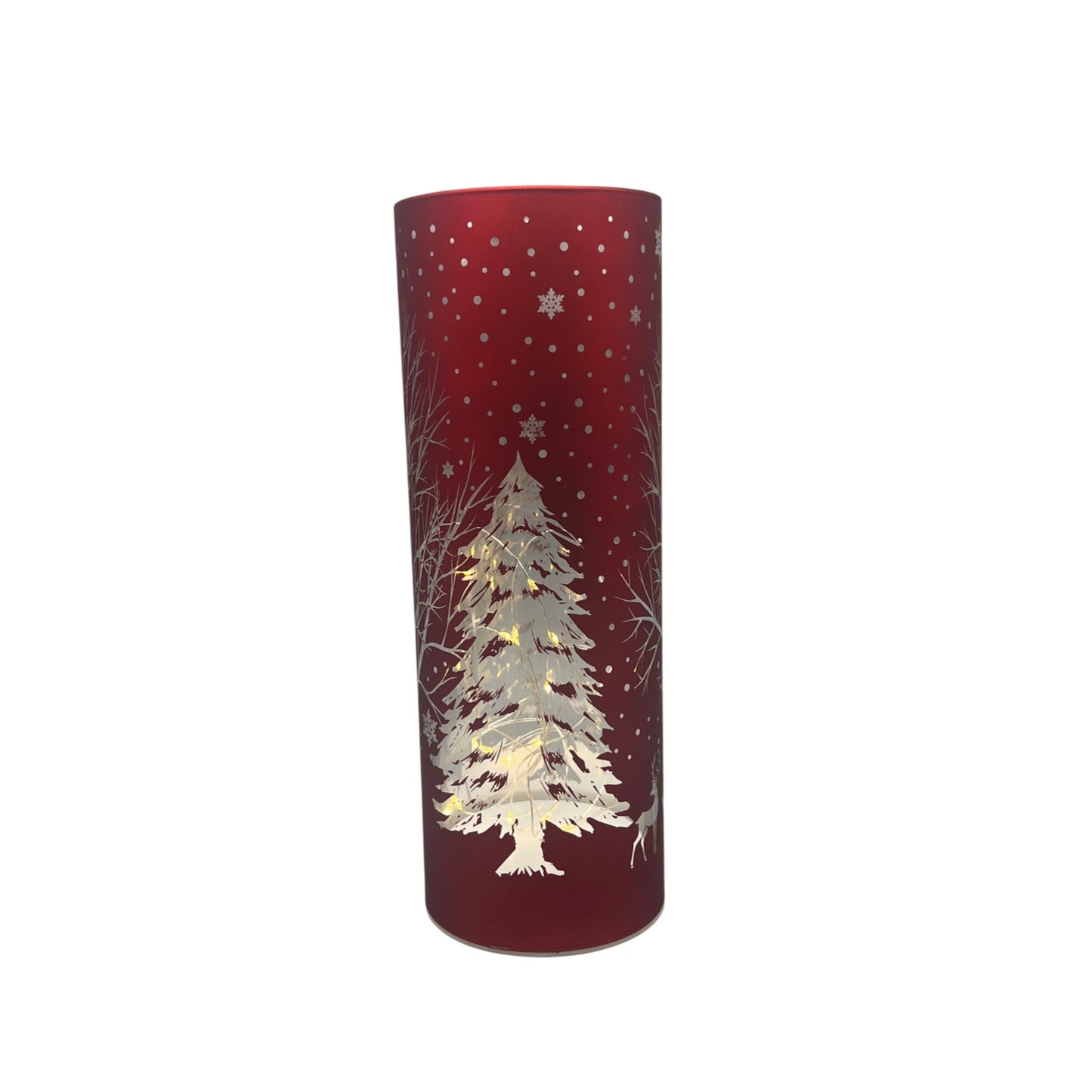 Red Laser Engraved Winter Scene LED Cylinder Decor