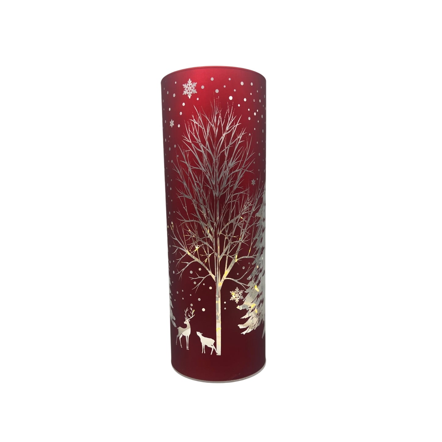 Red Laser Engraved Winter Scene LED Cylinder Decor