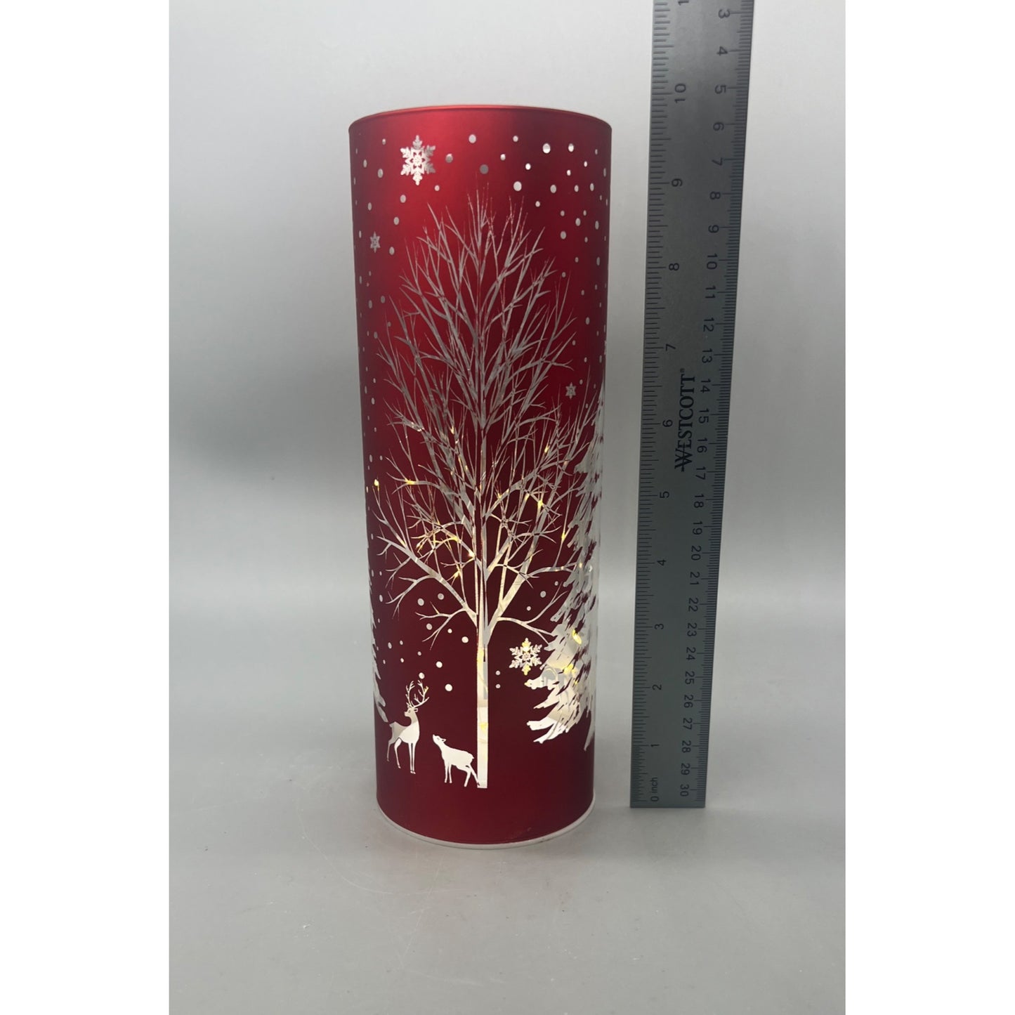 Red Laser Engraved Winter Scene LED Cylinder Decor