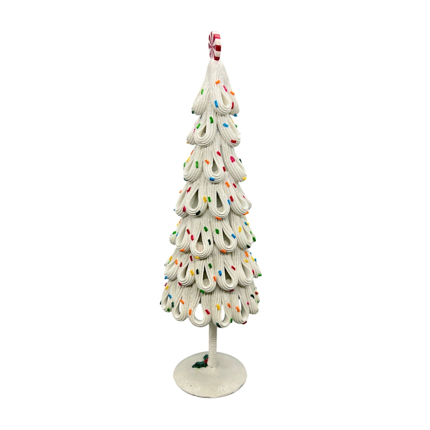 White Icing Christmas Tree Decor 14.75" With Multicolor Sprinkles & Peppermint Topper