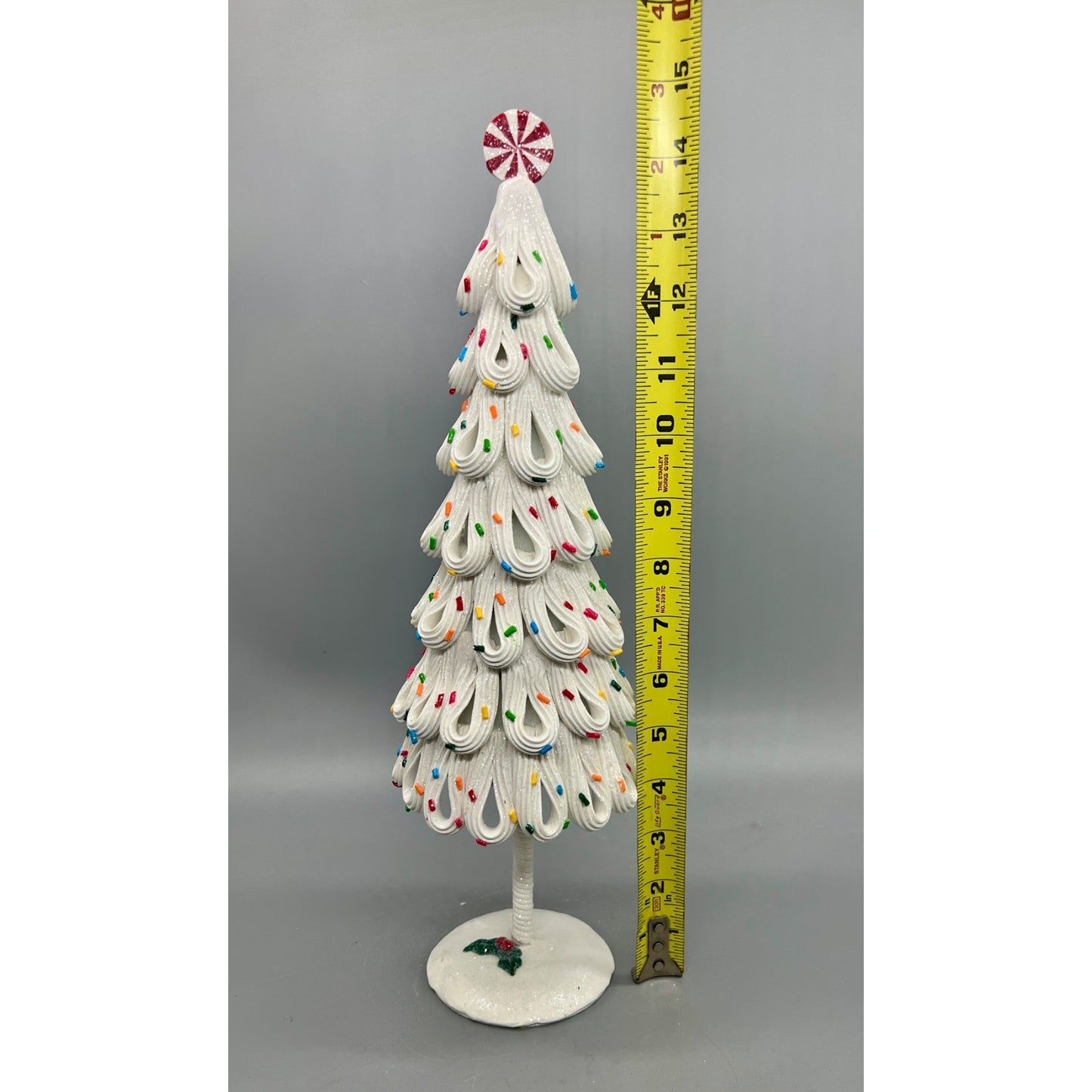 White Icing Christmas Tree Decor 14.75" With Multicolor Sprinkles & Peppermint Topper