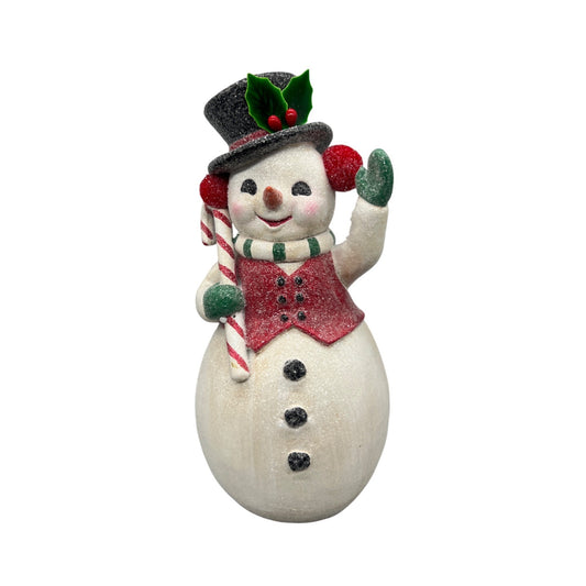Retro Snowman Figurine With Candy Cane & Top Hat  9" Hand-Painted Holiday Decor