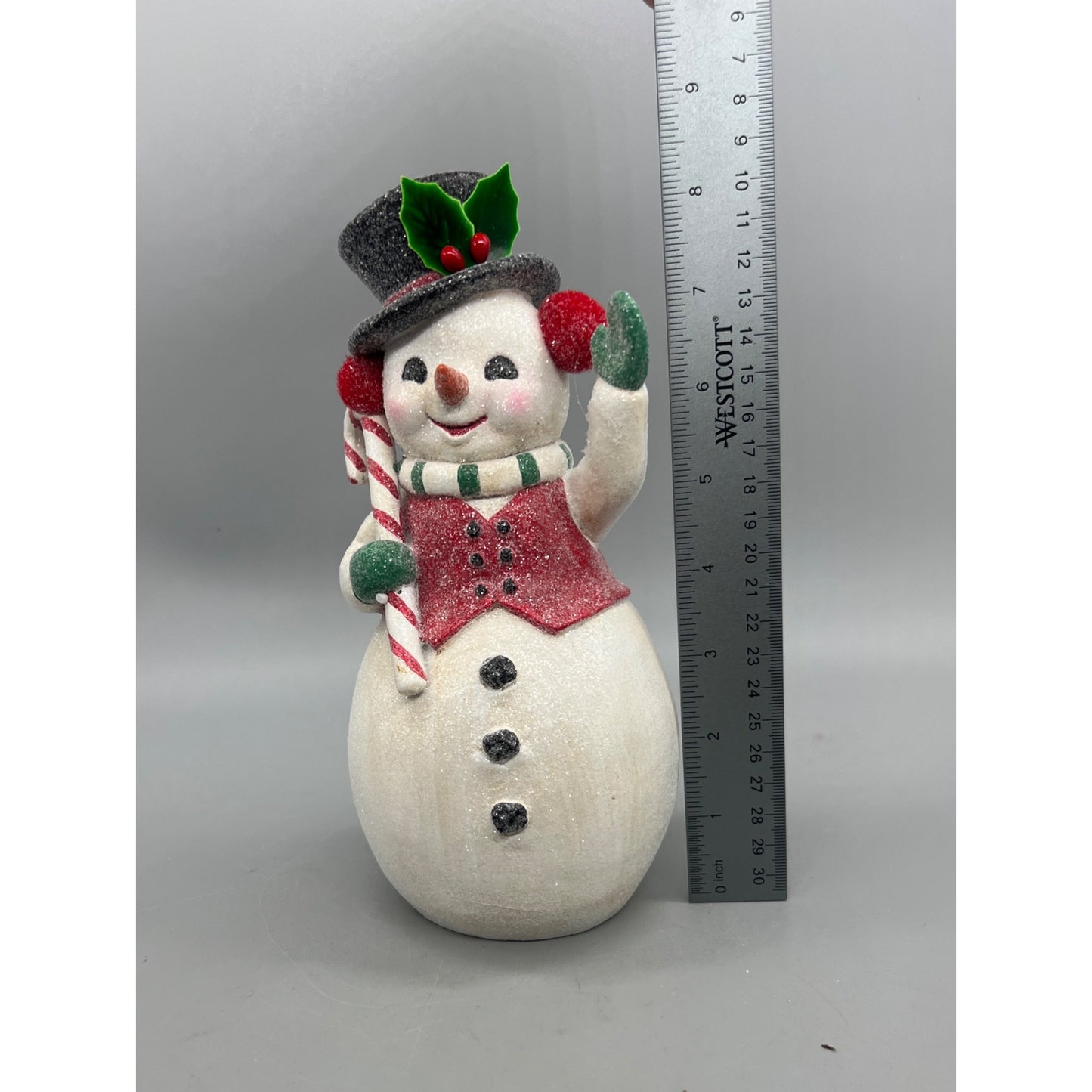 Retro Snowman Figurine With Candy Cane & Top Hat  9" Hand-Painted Holiday Decor