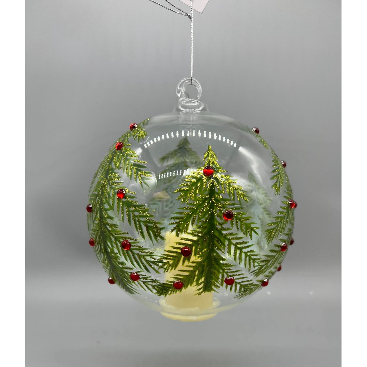 6 Inch Hand-Decorated Glass Ornament With LED Flicker Candle & Christmas Tree Design