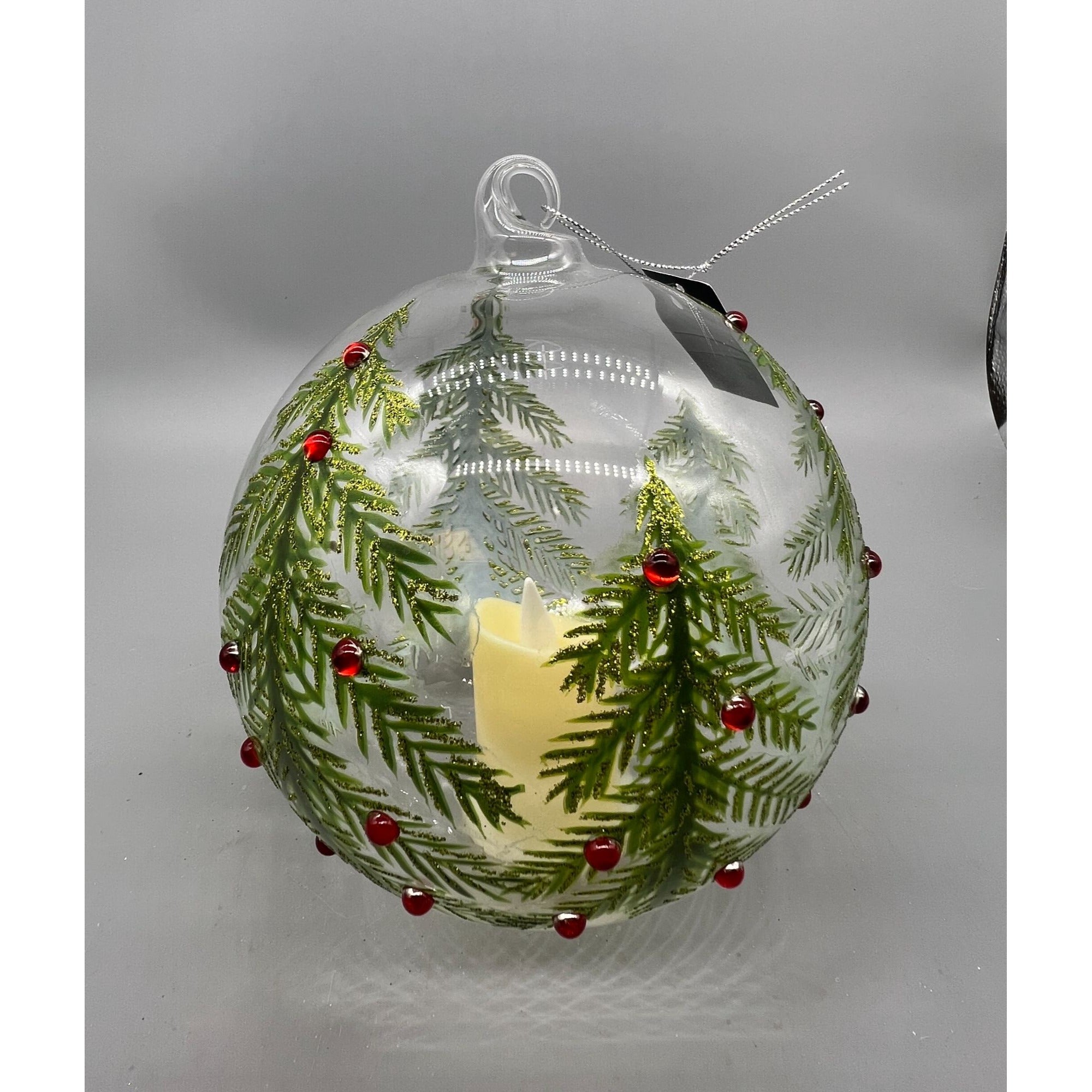 6 Inch Hand-Decorated Glass Ornament With LED Flicker Candle & Christmas Tree Design