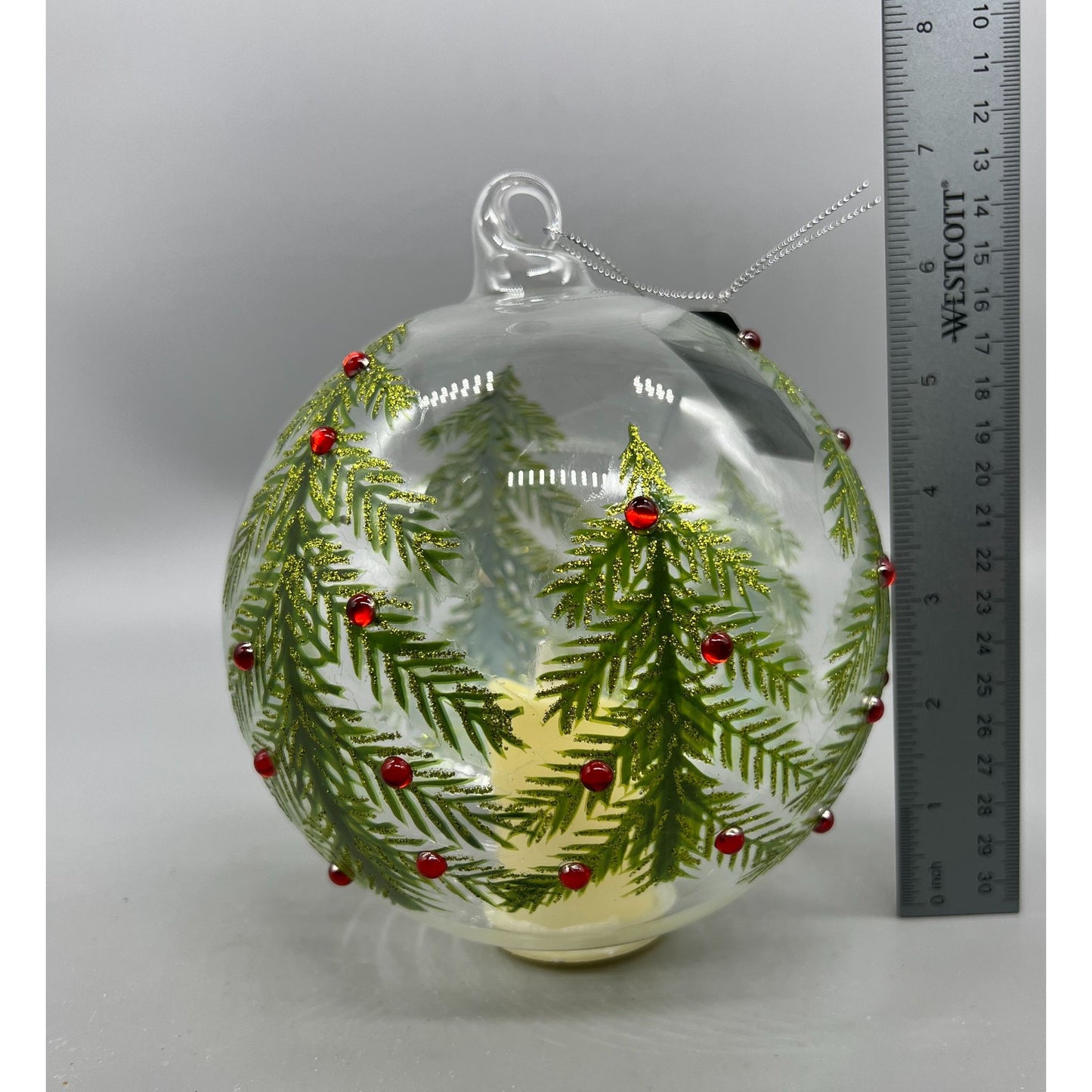 6 Inch Hand-Decorated Glass Ornament With LED Flicker Candle & Christmas Tree Design