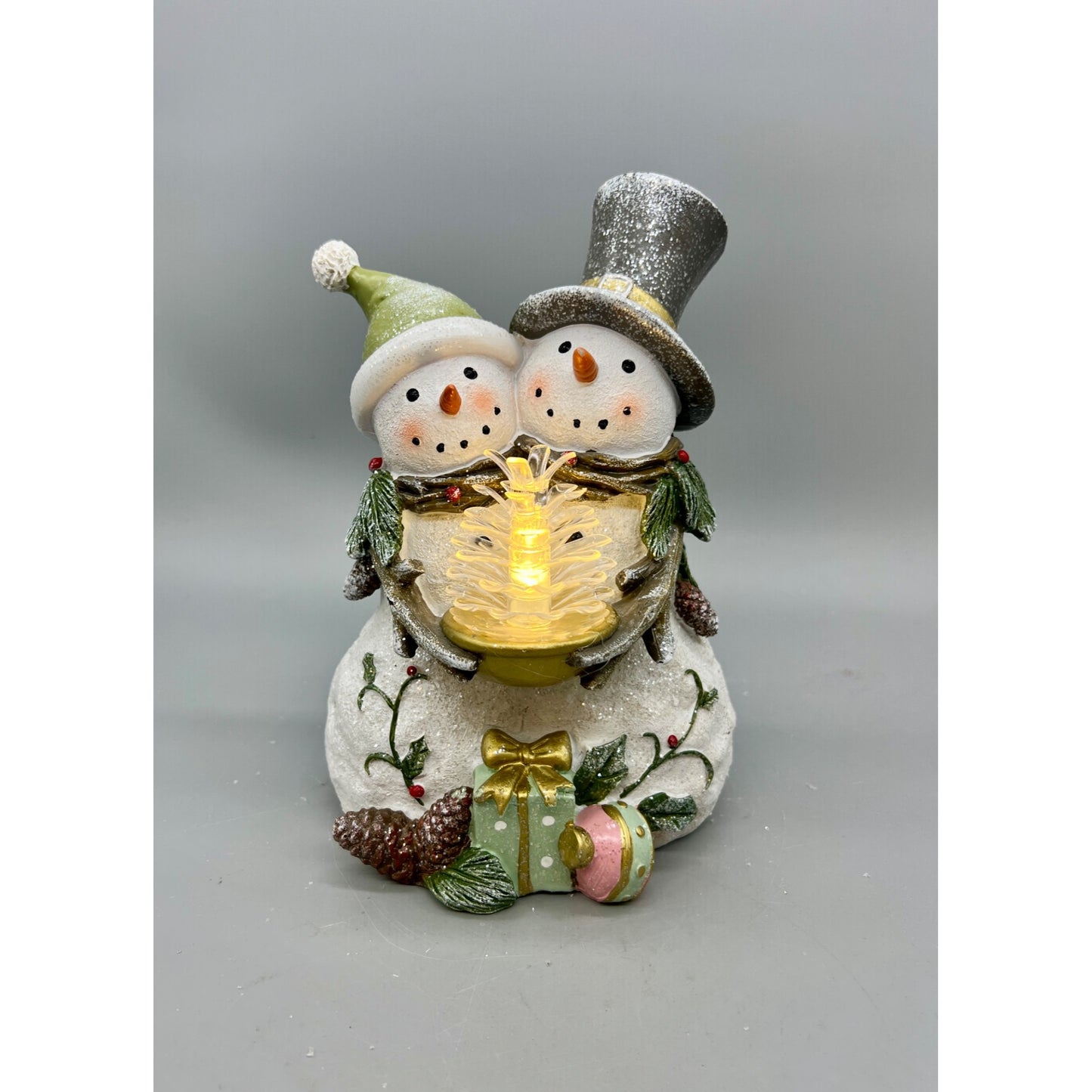 Hand-Painted Snowman Couple Figurine With LED Lighted Tree 8”