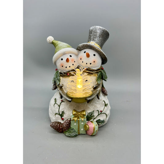 Hand-Painted Snowman Couple Figurine With LED Lighted Tree 8”
