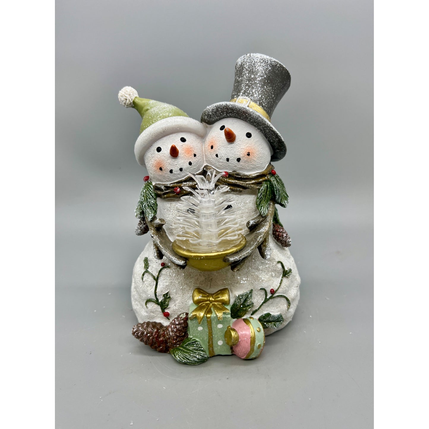 Hand-Painted Snowman Couple Figurine With LED Lighted Tree 8”