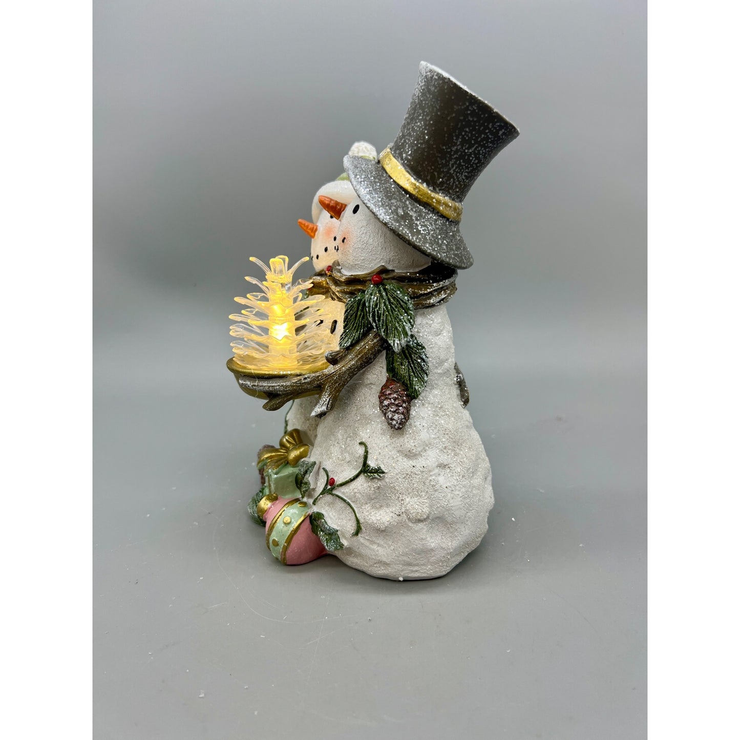 Hand-Painted Snowman Couple Figurine With LED Lighted Tree 8”