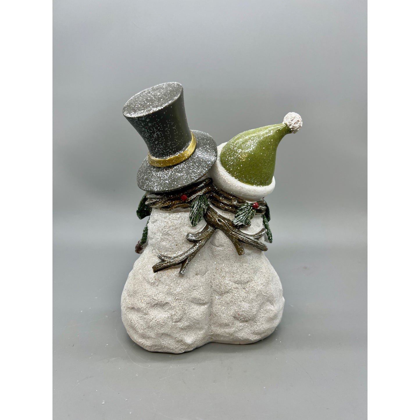Hand-Painted Snowman Couple Figurine With LED Lighted Tree 8”