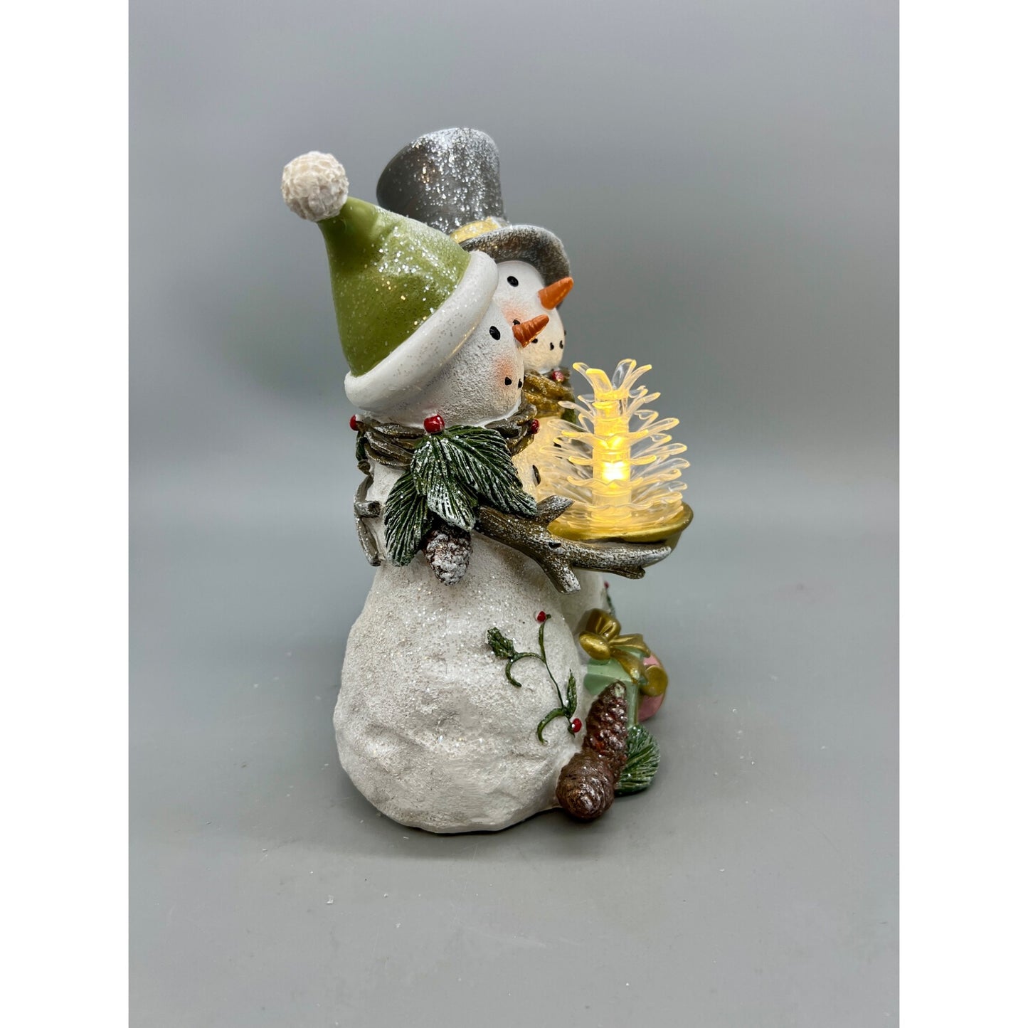 Hand-Painted Snowman Couple Figurine With LED Lighted Tree 8”