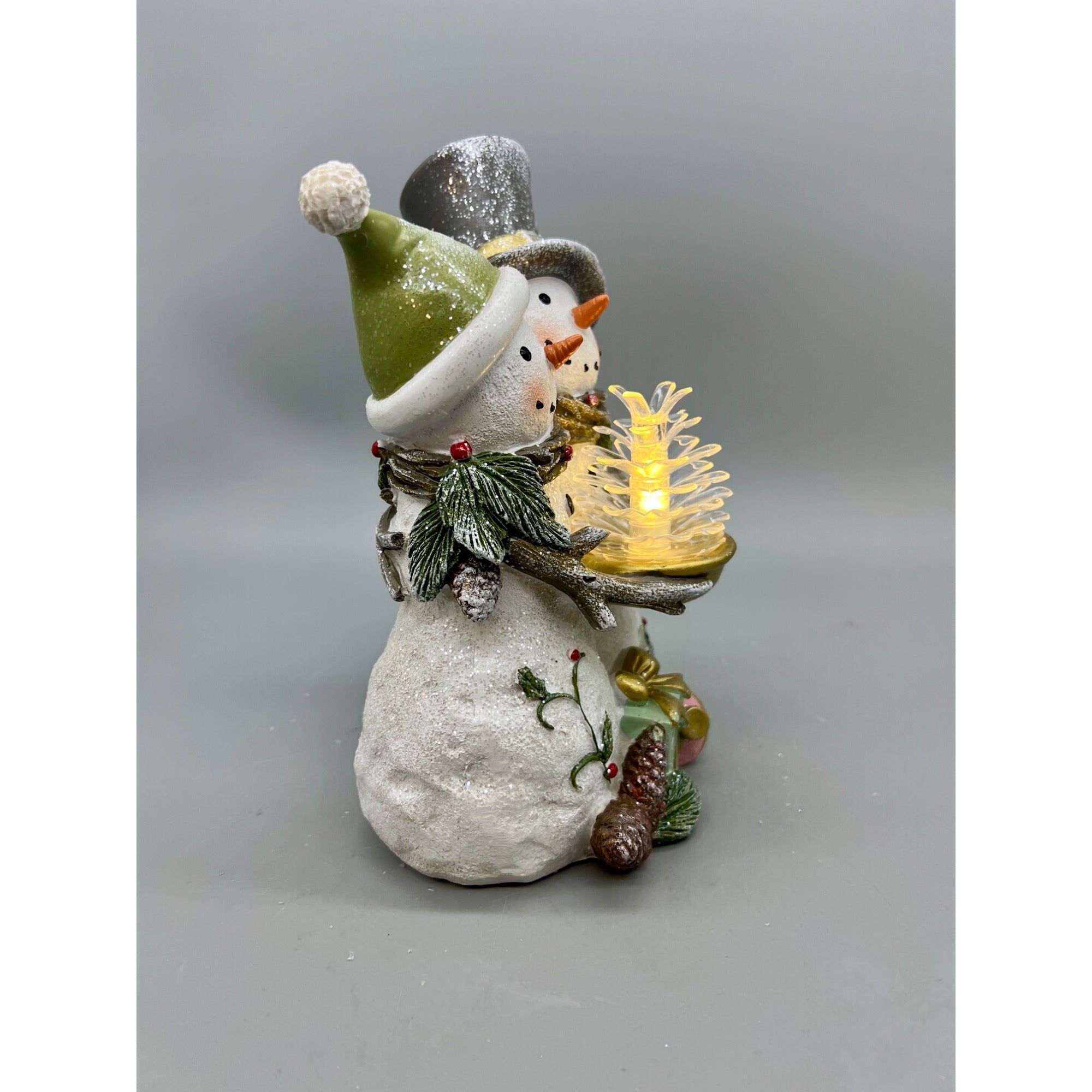 Hand-Painted Snowman Couple Figurine With LED Lighted Tree 8”