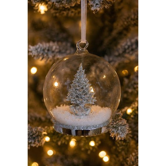 Silver Christmas Tree Ornament With Snow Globe Design - Glass Sphere & Ribbon Loop For Hanging