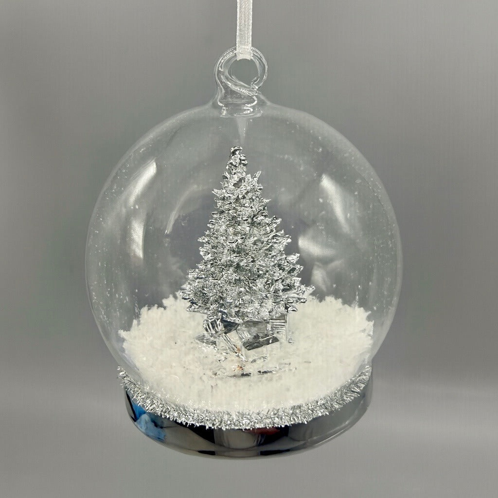 Silver Christmas Tree Ornament With Snow Globe Design - Glass Sphere & Ribbon Loop For Hanging