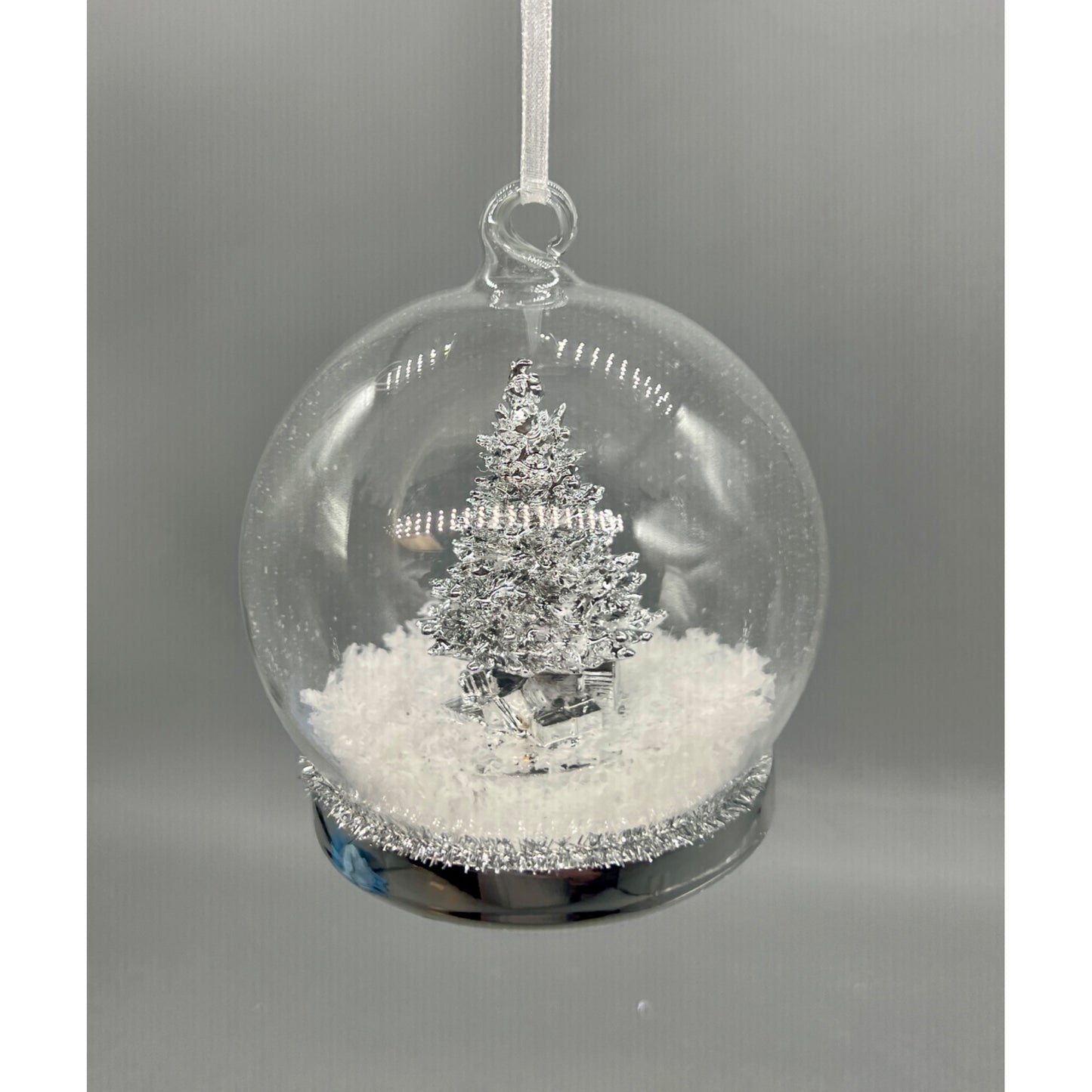 Silver Christmas Tree Ornament With Snow Globe Design - Glass Sphere & Ribbon Loop For Hanging