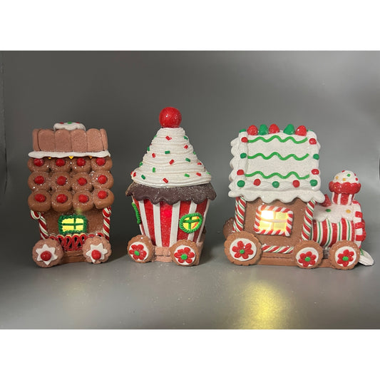 Kurt Adler Hand Decorated Clay Dough Gingerbread Train Set With LED Lights