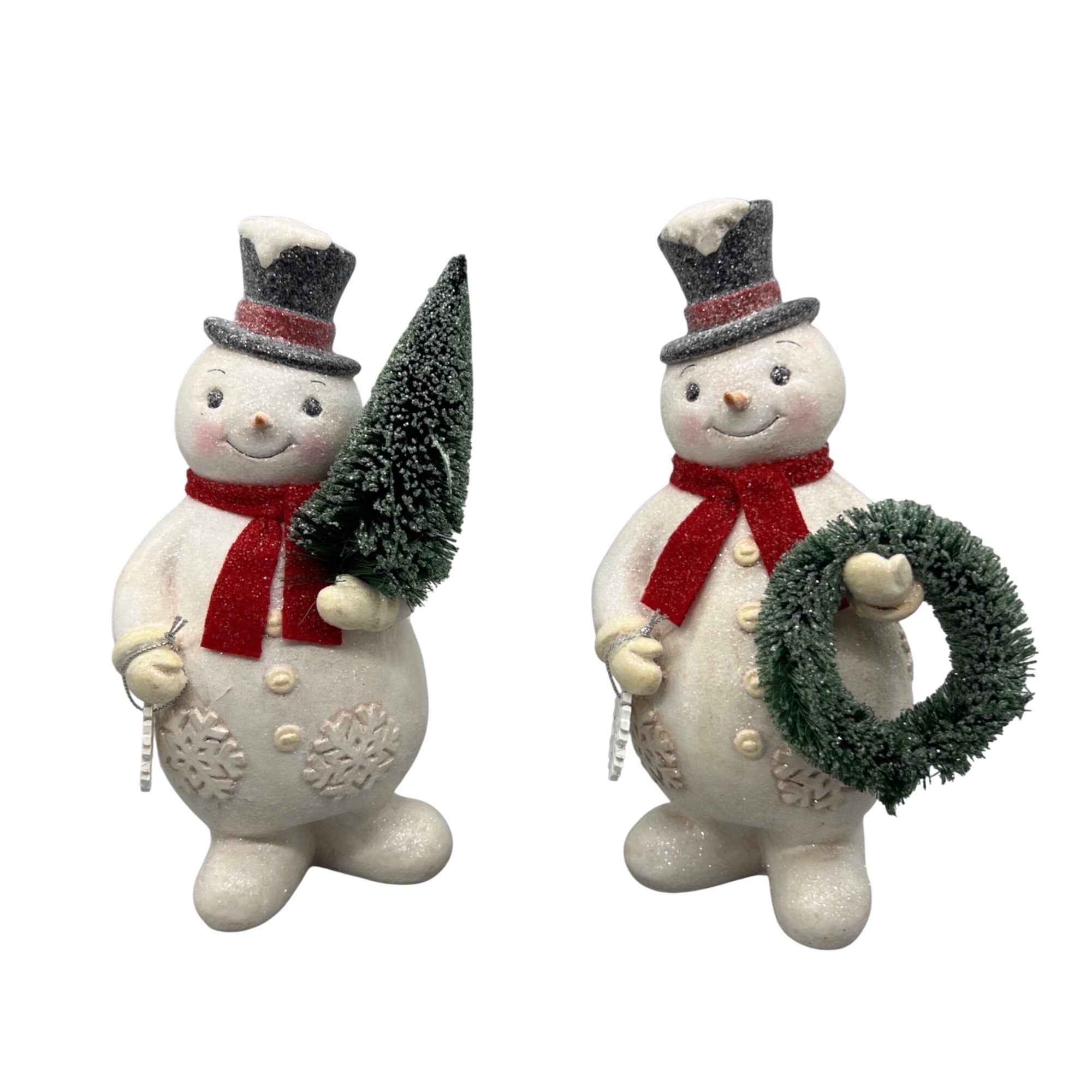 Glitter Snowman Christmas Figurine Holding Tree or Wreath – Sold Separately