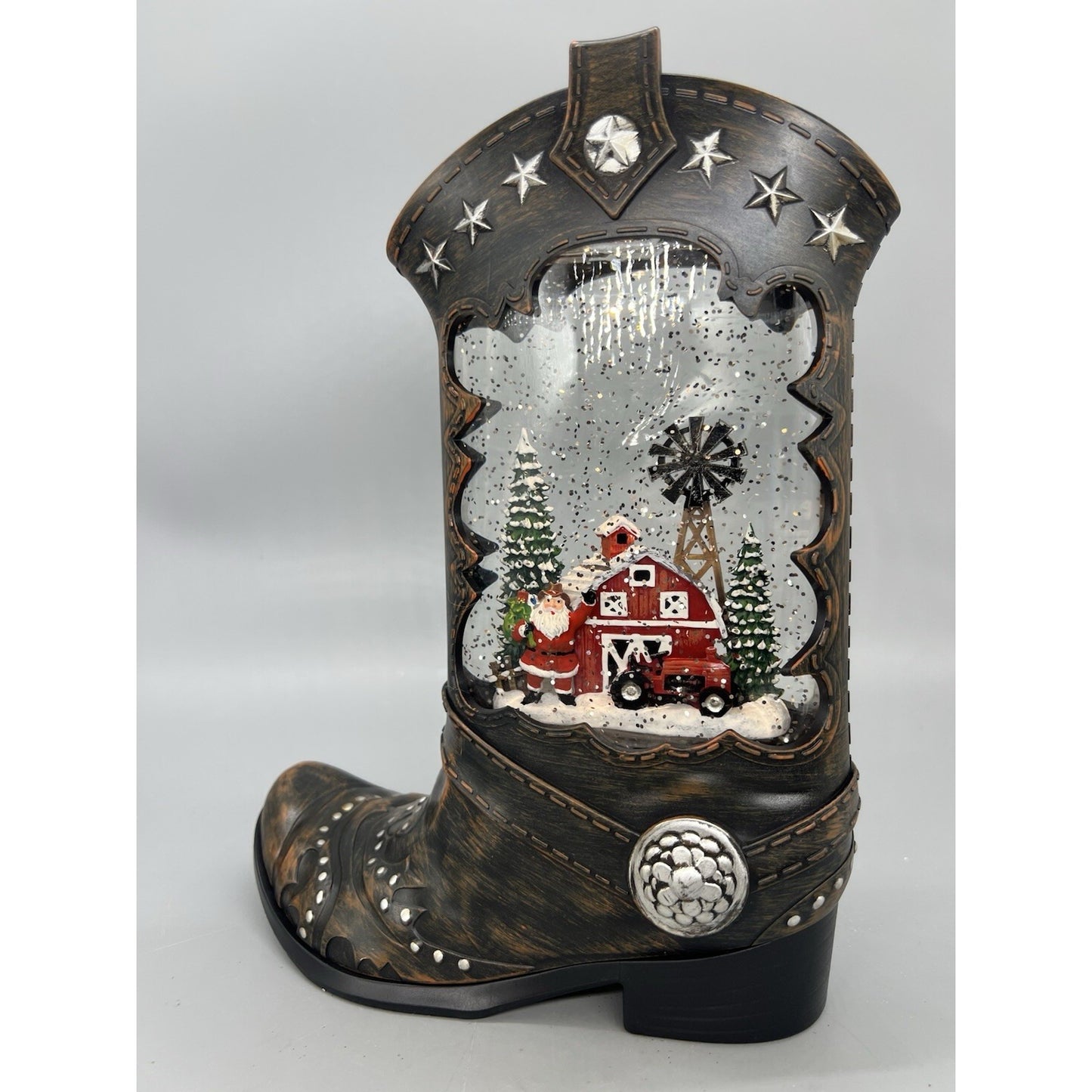 Cowboy Boot Lighted Swirl Water Glitter Musical Santa With Boy Snow Globe