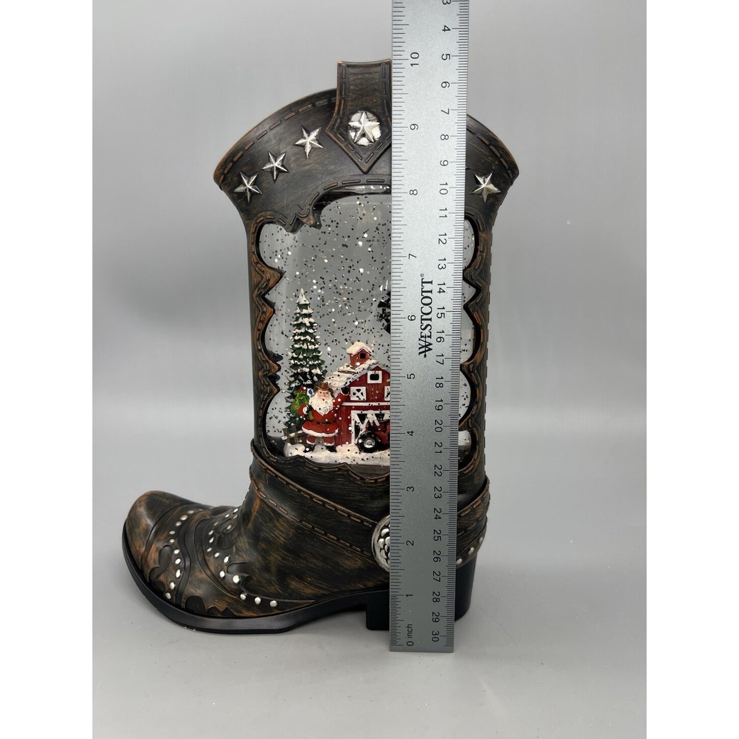 Cowboy Boot Lighted Swirl Water Glitter Musical Santa With Boy Snow Globe
