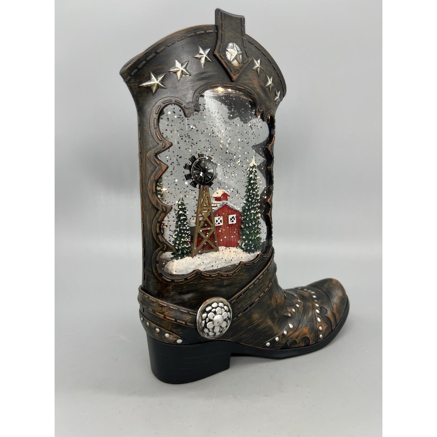 Cowboy Boot Lighted Swirl Water Glitter Musical Santa With Boy Snow Globe