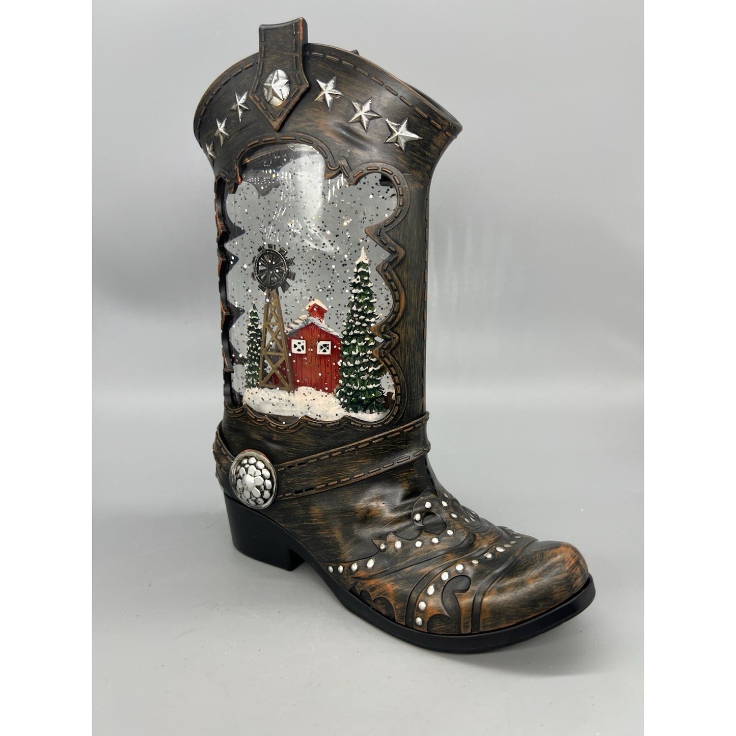 Cowboy Boot Lighted Swirl Water Glitter Musical Santa With Boy Snow Globe