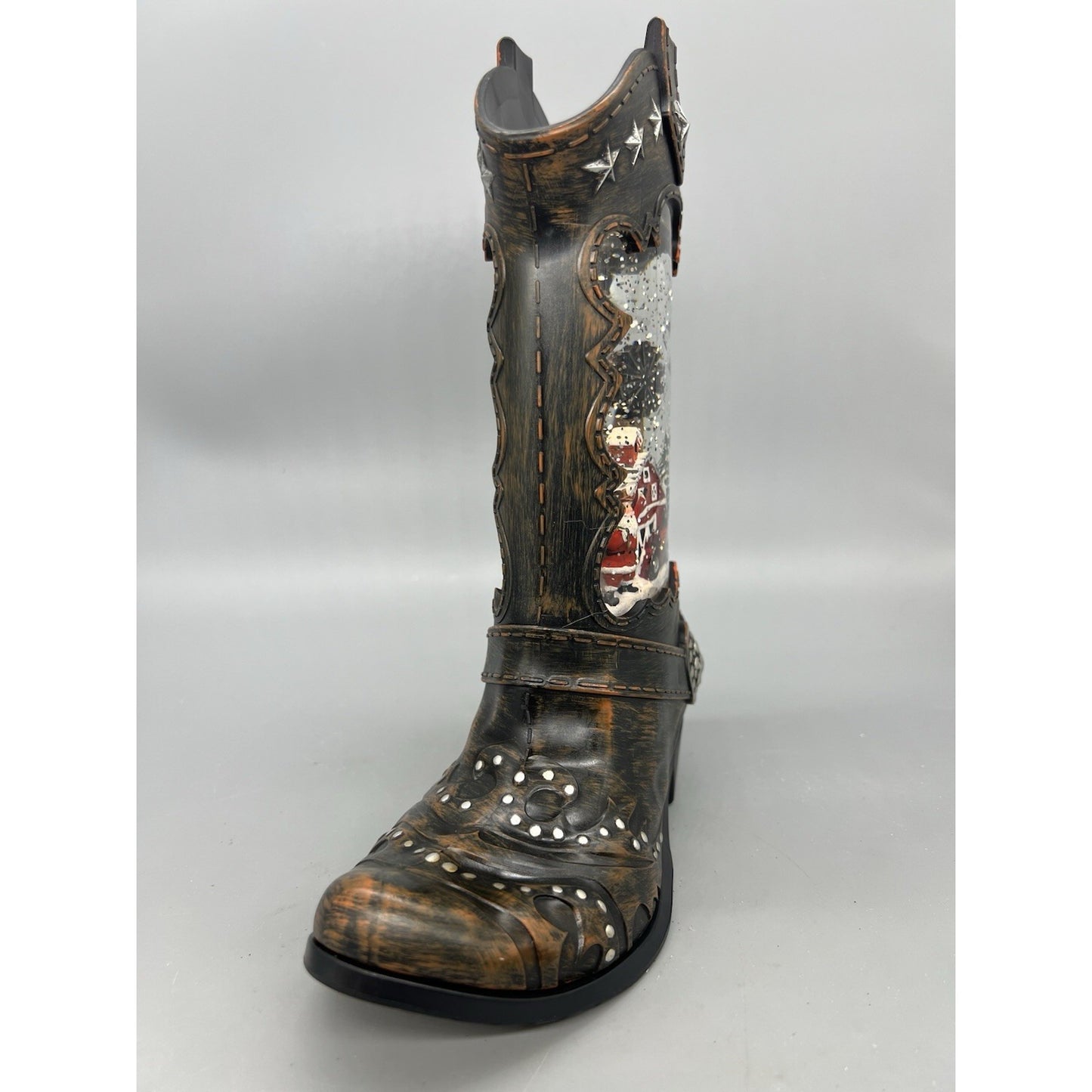 Cowboy Boot Lighted Swirl Water Glitter Musical Santa With Boy Snow Globe
