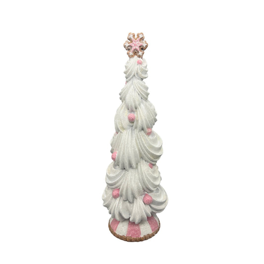 White Frosting-Inspired Decorative Christmas Tree With Pink Accents & Glittery Finish 14" Tall Festive Holiday Décor Centerpiece