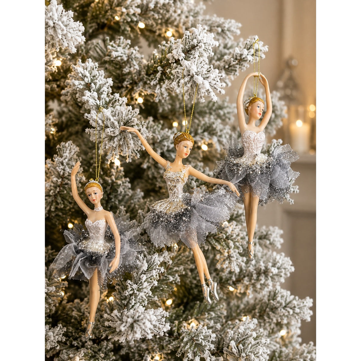 Kurt Adler Silver & White Ballerina Christmas Ornaments with Tulle Tutus – 3 Styles, Sold Separately