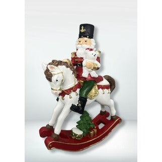 9.25” Nutcracker on Rocking Horse with Teddy Bear – Hand Decorating Christmas Resin Figurine