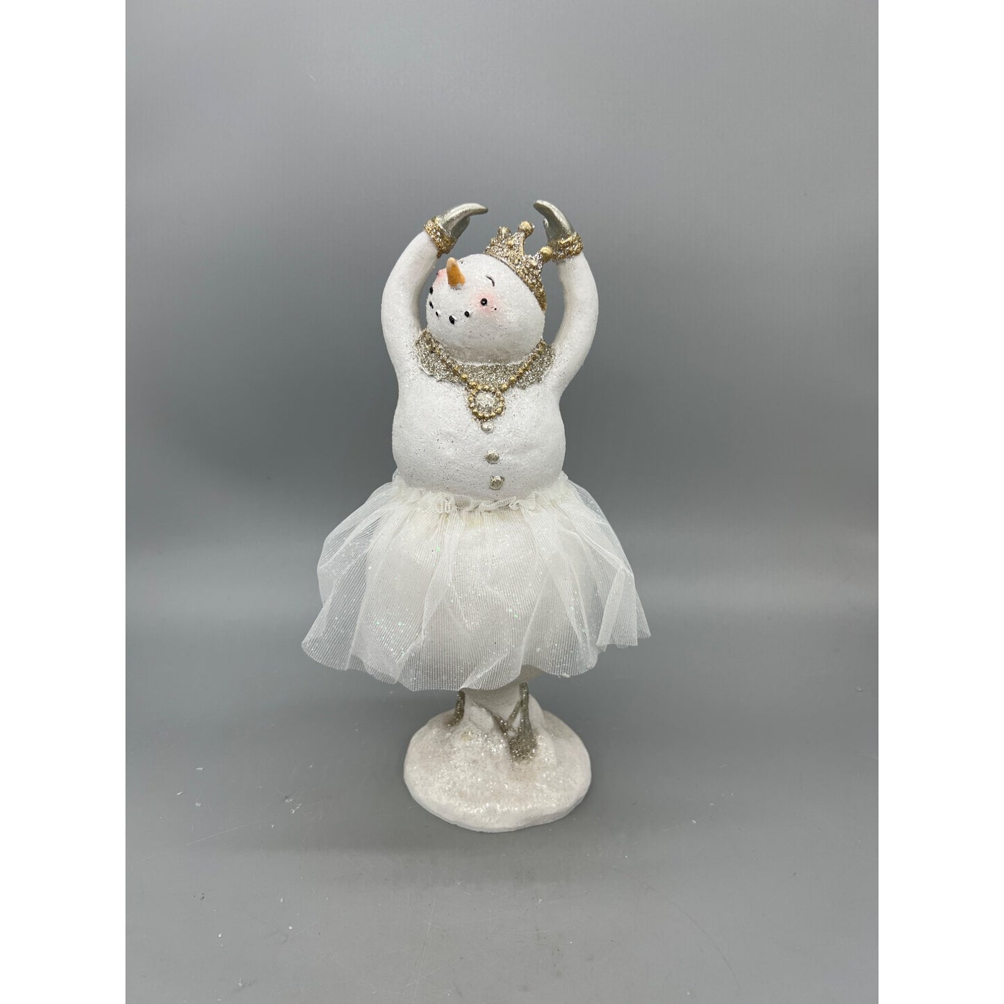 Handcrafted 10" Glitter Snow Lady Ballerina Figurine With Tulle Skirt & Gold Accents
