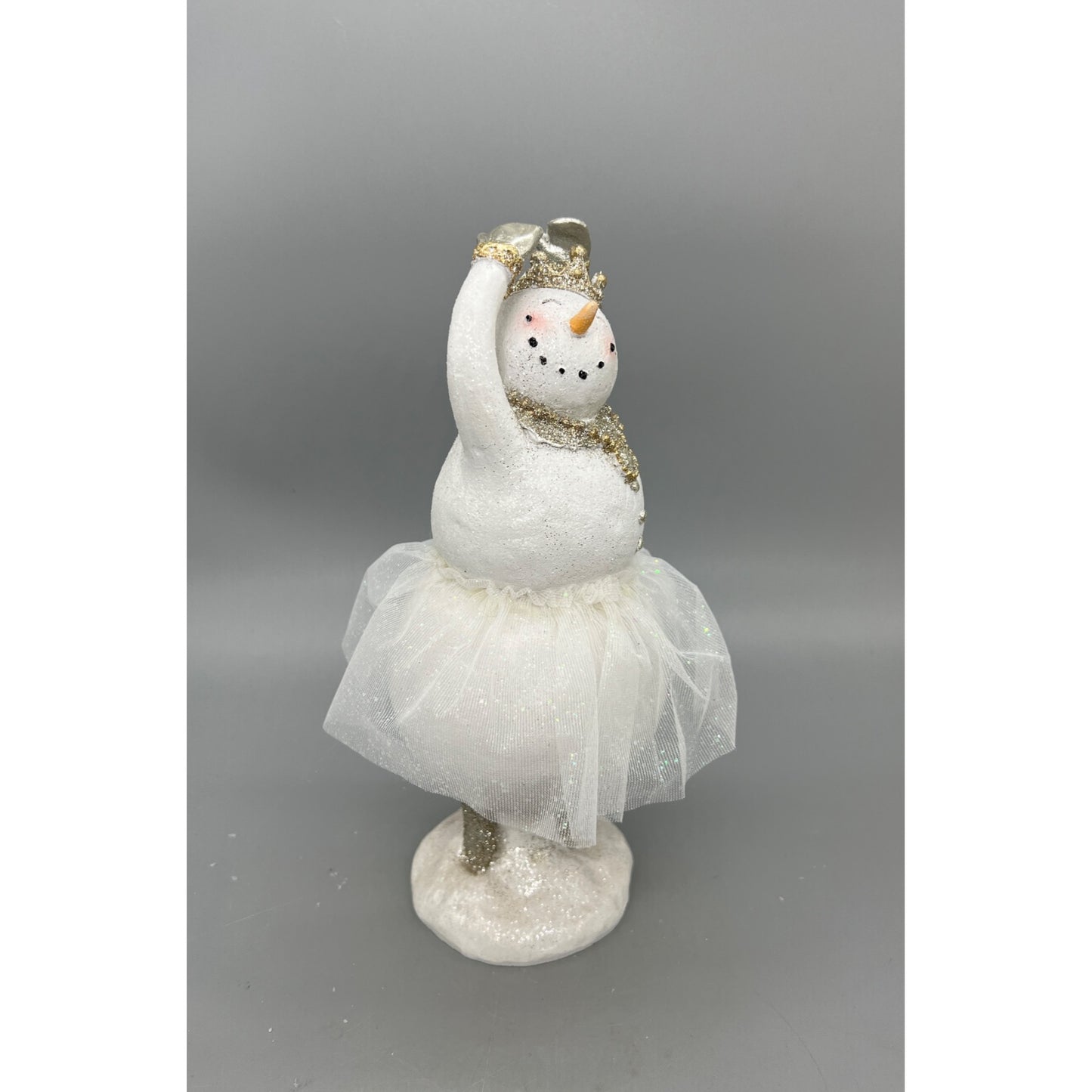 Handcrafted 10" Glitter Snow Lady Ballerina Figurine With Tulle Skirt & Gold Accents