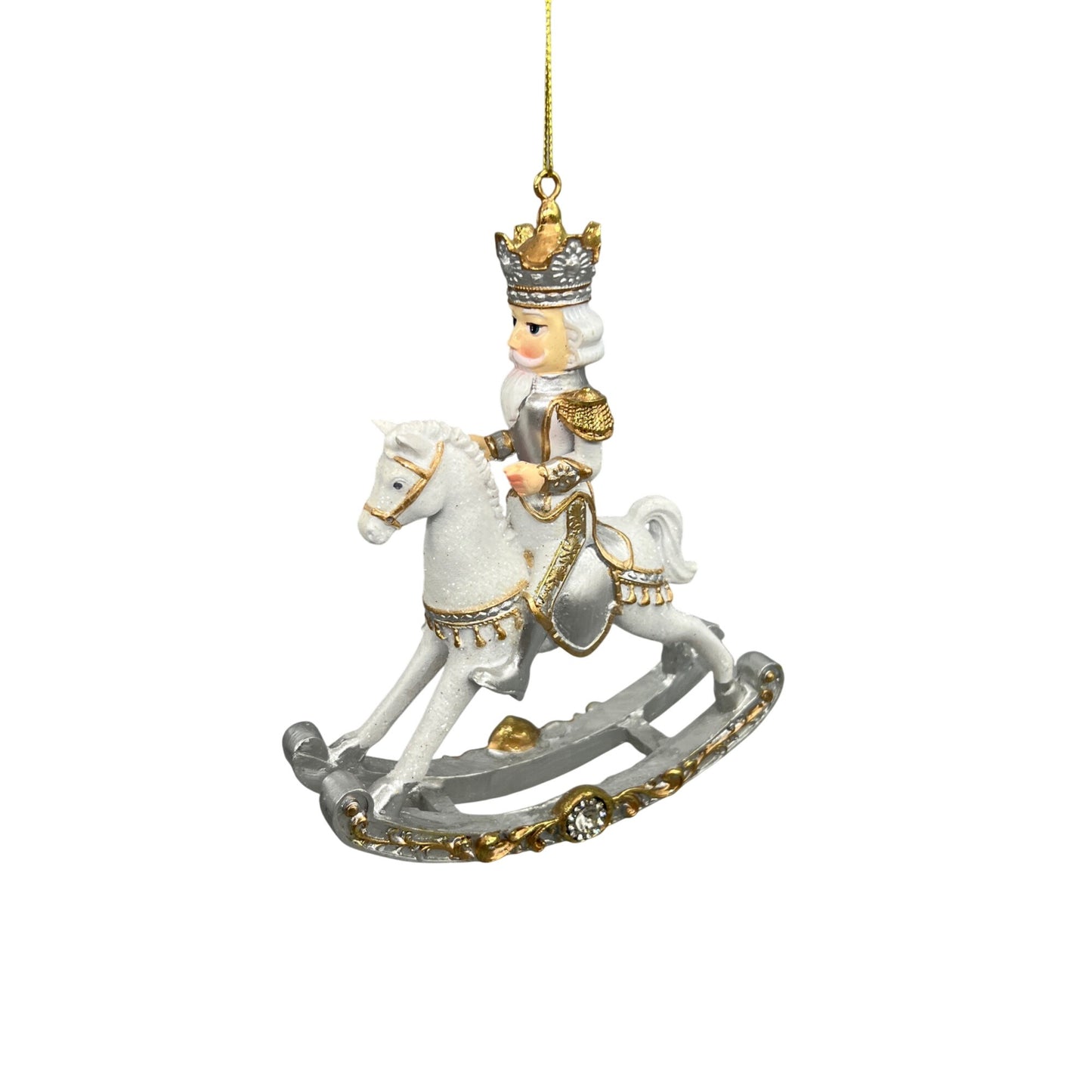 Royal White & Gold Rocking Horse Christmas Ornament  Hand-Decorated Resin  7"x4" Hanging Decoration With Glitter & Crown Detail