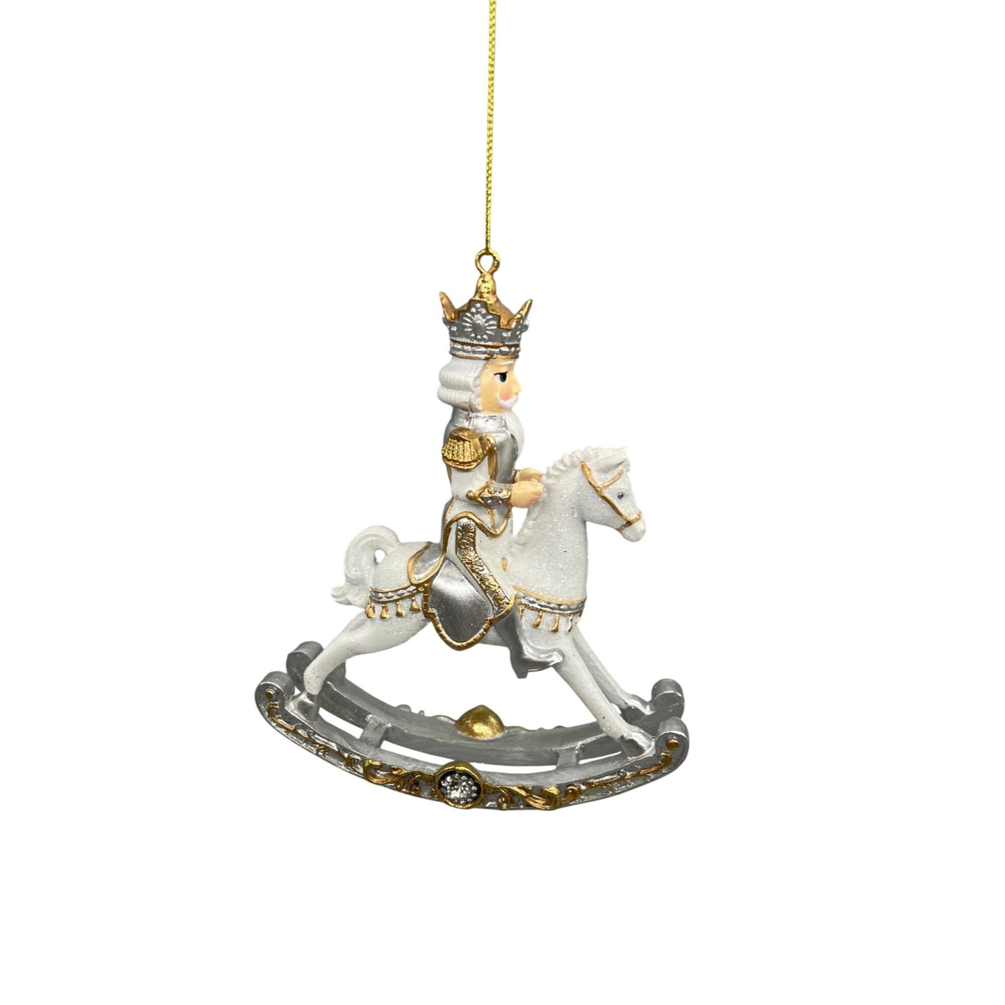 Royal White & Gold Rocking Horse Christmas Ornament  Hand-Decorated Resin  7"x4" Hanging Decoration With Glitter & Crown Detail