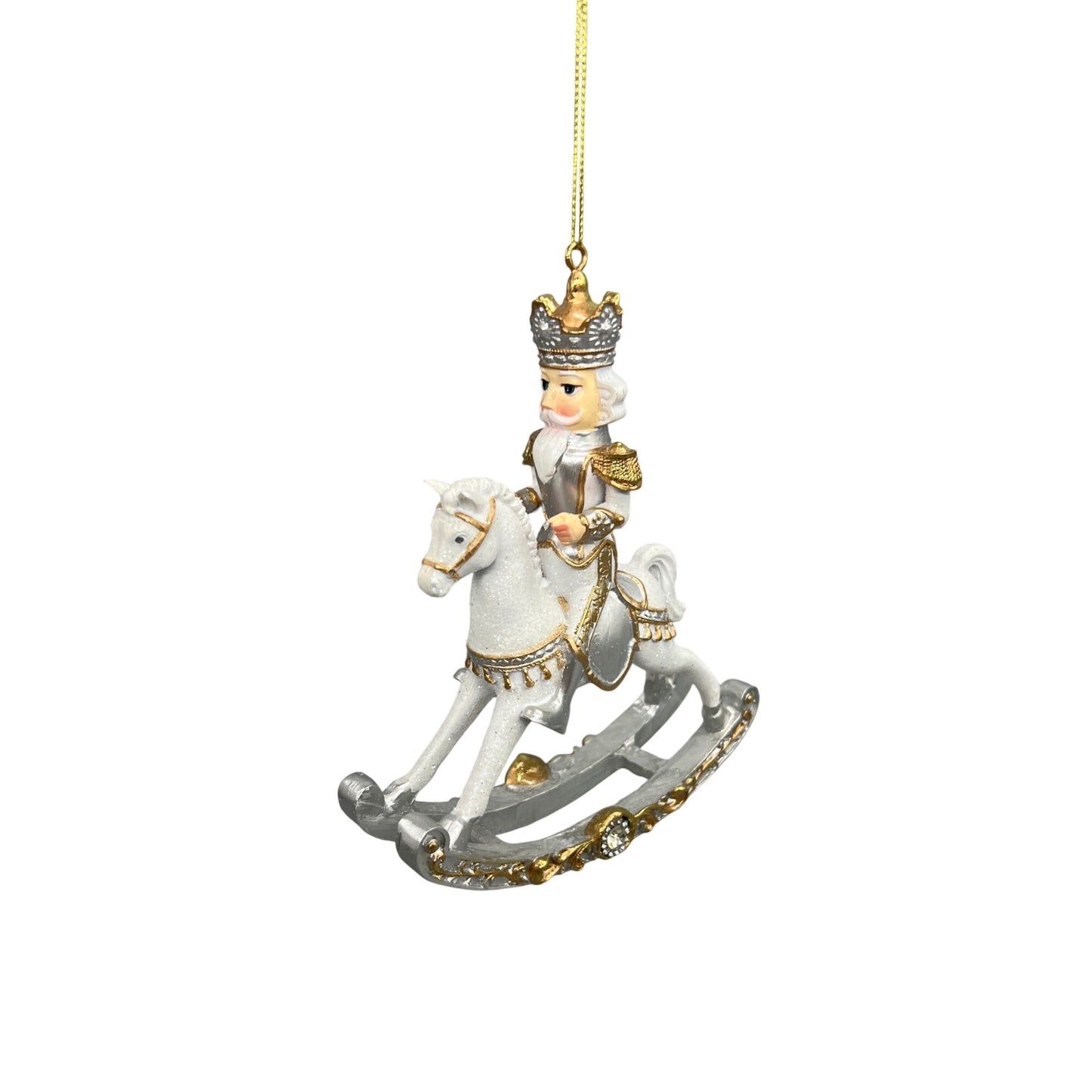 Royal White & Gold Rocking Horse Christmas Ornament  Hand-Decorated Resin  7"x4" Hanging Decoration With Glitter & Crown Detail