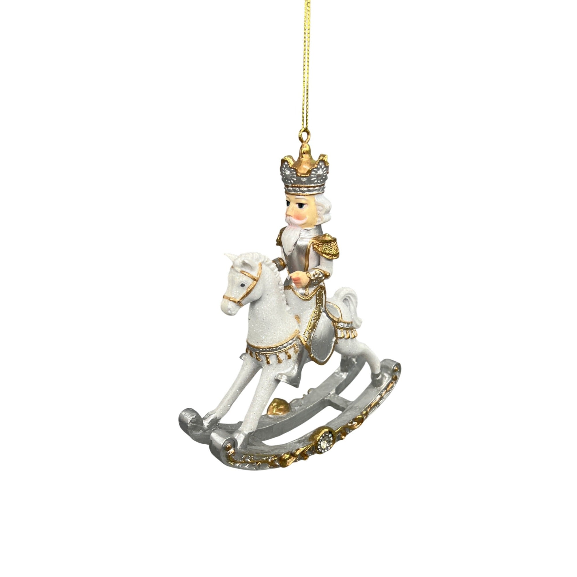 Royal White & Gold Rocking Horse Christmas Ornament  Hand-Decorated Resin  7"x4" Hanging Decoration With Glitter & Crown Detail