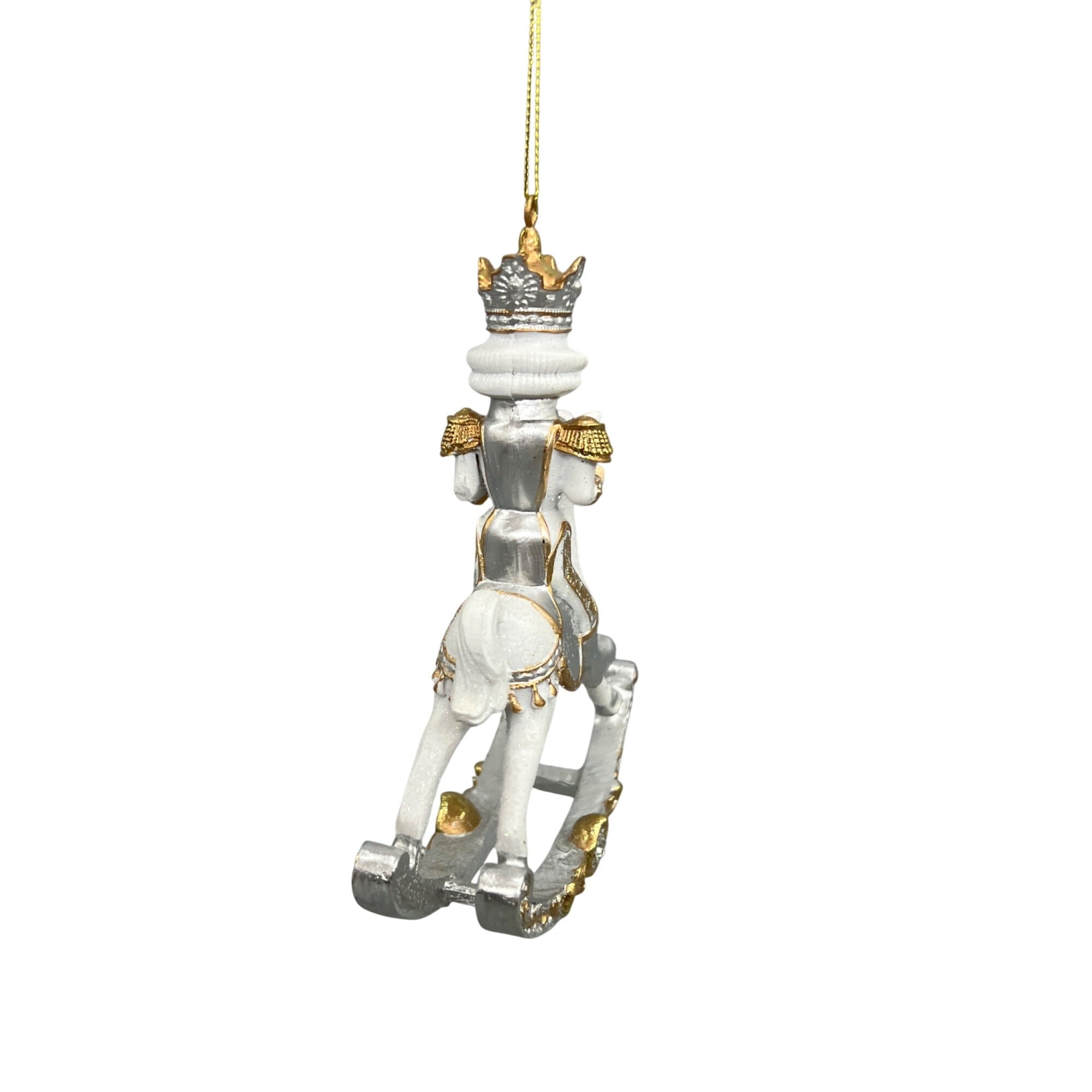 Royal White & Gold Rocking Horse Christmas Ornament  Hand-Decorated Resin  7"x4" Hanging Decoration With Glitter & Crown Detail